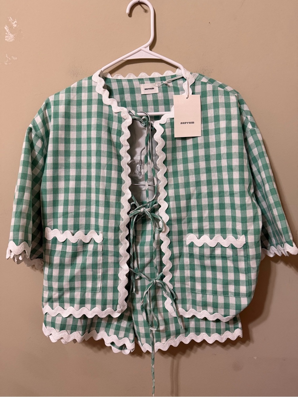 AUREUM Green and White Gingham rickeack Tie-Front Blouse & shorts set NEW small